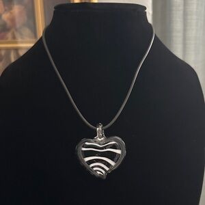 Elegant Black and White Glass Heart Pendant Necklace with Black Leather chain